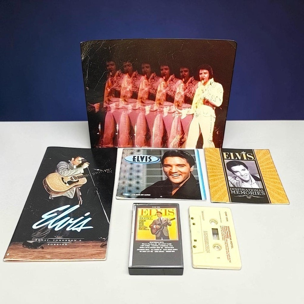 VTG Elvis Presley Memorabilia Lot Heartbreak Hotel Cassette Standee Calendar HTF